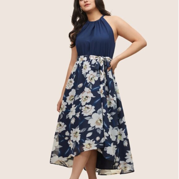 BloomChic Plus Size Floral Patchwork Halter Ties High Low Hem Dress - Picture 3 of 5